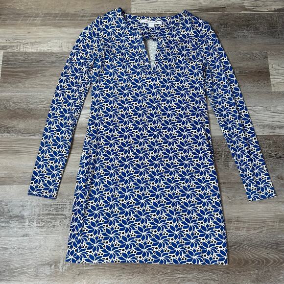 Diane von Furstenberg Blue White Print Stretch Long Sleeve Mini Dress Size 4 - Picture 1 of 7